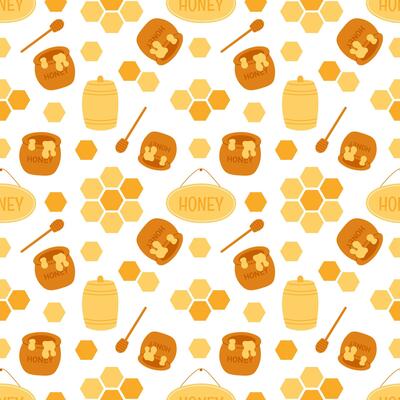 Seamless pattern with honey jars, dippers, honeycomb cells and beehive elements on white background. Flat hand drawn illustration