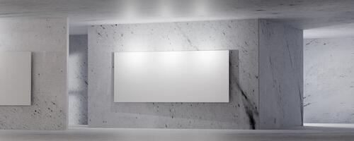 3D render of industrial style concrete room with a blank white banner, minimalist interior design, soft ambient lighting, geometric structure. Perfect for architecture, backgrounds, branding visuals. photo