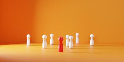 A red human figure stands in front of a line in a minimalist room with orange walls and a simple background, representing leadership, uniqueness, direction and teamwork in a modern business concept. photo