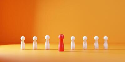 Leadership concept with a red wooden figure standing out from the crowd. Symbolizing creativity, success, teamwork performance, human resource, talent management, and employee recruitment. photo