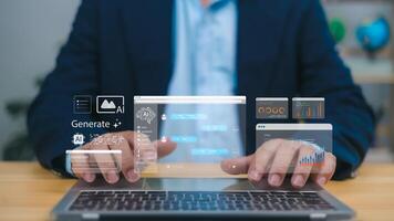 Person engaging with AI interfaces on a laptop, symbolizing advanced artificial intelligence, data analytics, and content generation. Ideal for machine learning, automation, and digital transformation photo