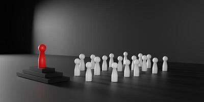 HR, success, and innovation themes. 3D leadership concept with a red wooden figure standing on a podium in front of white figures, symbolizing leadership, talent management, and teamwork performance. photo