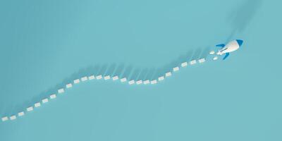 3D render of airplane routes and flying along a path of white blocks. Ideal for concepts of travel planning, Aviation routes, flight navigation, tourism, air journey. symbolizing continuous progress photo