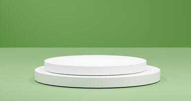 White round podium stands on a light green background, bathed in soft, diffused lighting. Modern product display platform for showcasing cosmetics to tech, emphasizing simplicity in presentations. photo
