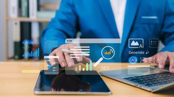 Businessman working on SEO strategy using computer and AI assistant, optimizing website performance, boosting search engine ranking, and enhancing digital marketing efforts. photo
