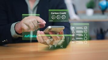 Hands interact with holographic phone interface displaying carbon credit, data, and AI. Symbolizes digital finance, sustainable investment, and tech-driven environmental solutions for the future now. photo