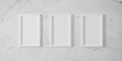 3d render, Minimalist interior with three vertical white poster frame mockup on a light textured wall. Bright and modern room, perfect for displaying posters, prints, or art in a contemporary. photo