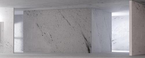 3D render of abstract concrete interior with geometric structures, sunlight casting shadows on the floor, capturing a brutalist architecture style perfect for museum spaces and modern design concepts. photo