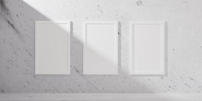 3D render of a minimalist room with three vertical white poster frames on a textured wall. A clean, modern interior perfect for showcasing prints, artwork, or creative displays in a stylish setting. photo