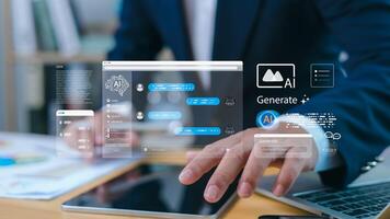 A businessman interacts with a futuristic digital interface over a tablet device, illustrating the concept of artificial intelligence AI, virtual assistant tools, and advanced UI UX design. photo