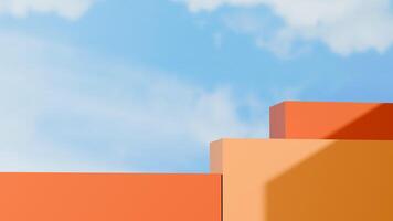3D render of minimalist orang podium set against a bright sky blue and cloud, perfect for showcasing modern design elements, cosmetic products, seasonal campaigns, stylish digital presentations. photo