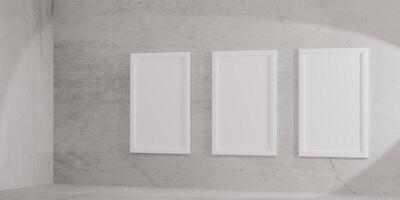 3D render of minimalist interior with three vertical white poster frames on a light textured wall. Bright, modern room perfect for displaying art, prints, or posters in contemporary design spaces. photo