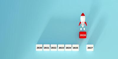 Dynamic 3D render of a business launch concept, with a rocket soaring from a 2026 block. Symbolizes future growth, innovation, success, perfect for strategic planning, marketing, and business visuals. photo