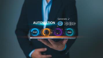 Person holding tablet showing an Automation and AI Generate workflow, Symbolizing digital transformation and process optimization. AI automation, Smart technology solutions for business. photo