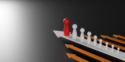 Conceptual 3D render of leadership and business success. A red figure doll leads a line of white figures on an arrow, symbolizing growth, teamwork, and forward thinking in the corporate world. photo