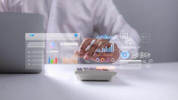 Businessman using AI-powered data analytics tools with digital graphs and interface icons, representing smart financial management, innovation, and digital transformation. photo