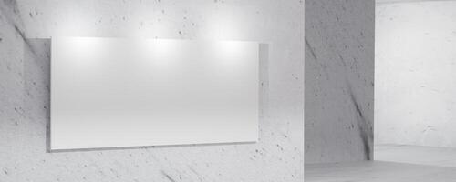 3D render of industrial style concrete room with blank white banner. Modern minimalist interior with geometric structure and soft lighting, perfect for backgrounds, architecture, or branding. photo