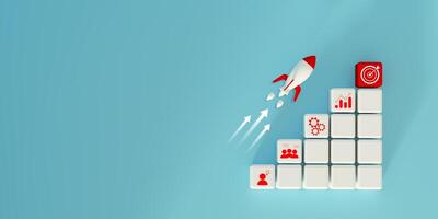 3D rendering of rocket launching upward with arrows and success icons on white blocks, symbolizing business progress, growth, and development, set against a bright blue background for modern concepts. photo