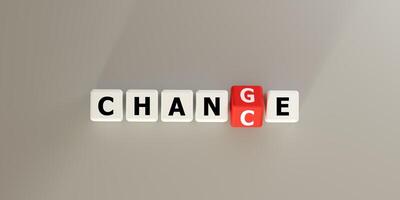 Blocks spelling CHANGE with a red letter block. Symbolizes transformation, transition, and evolution in business and life. Ideal for concepts of adaptation, growth, new beginnings, future direction. photo