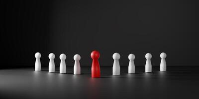 Leadership concept with a red wooden figure standing out from white figures, symbolizing creativity, innovation, success, and talent management. HR, teamwork performance, and recruitment visuals. photo