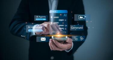 Automation technology, Future digital communication, Businessman using smartphone with AI chatbot interface Representing artificial intelligence assistant, Virtual customer service, Machine learning. photo