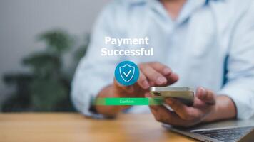Successful secure online payment on a mobile device, symbolizing trusted digital transactions, mobile banking, and e-commerce. Ideal for financial technology, secure shopping, and digital wallets. photo