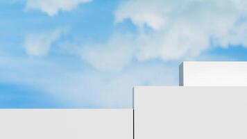 3D render of a minimalist white podium with a bright sky blue and cloud background, ideas for showcasing modern design elements, cosmetic products, seasonal campaigns, stylish digital presentations. photo