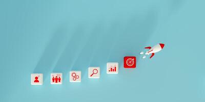 3D illustration with a rocket and icon blocks symbolizing business growth, innovation, teamwork, strategic planning against a minimalistic light blue background, Marketing and leadership concepts. photo