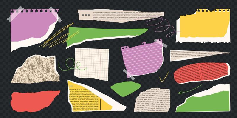 Old gazettes piece collection. Rip torn paper set. Trendy retro vintage newspaper set, notebook sheet, colored elements for sticker, collage, grunge texture, poster. Isolated illustrat