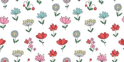 Seamless pattern with abstract brightly colored flowers, berries, leaves. Floristic set of simple drawings of plants, doodle. Repeating background. vector