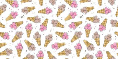 Summer pattern with ice cream. Waffle ice cream cone, ice dessert chocolate and fruity. Food, doodle, line icon. Seamless background. vector