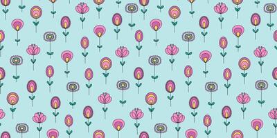 Abstract flowers, leaves. The pattern is seamless. Set of brightly colored simple plant patterns. Illustration, doodle, repeating background. vector