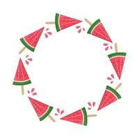 Watermelon Ice Cream. Round frame with space for text. Frozen juice, fruity ice. Watermelon slice. Summer illustration for poster design, banner, menu, bar, cafe, recipes, restaurant. vector