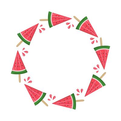 Watermelon Ice Cream. Round frame with space for text. Frozen juice, fruity ice. Watermelon slice. Summer illustration for poster design, banner, menu, bar, cafe, recipes, restaurant.