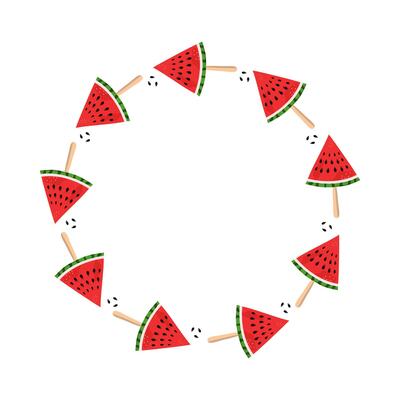 Watermelon round frame, summer. Banner, poster. Food slices. Sliced juicy fruits, berries. Cold dessert. Diet food, isolated background. Harvest.