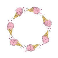 Frame, ice cream. Food, dessert. Waffle cone. Hand drawn line icon, drawing, doodle. Background with space for text, white isolated. vector
