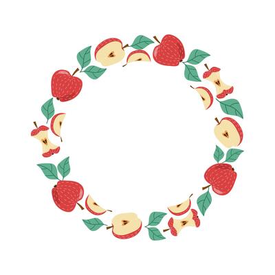 Apples, whole halves fruit. Banner, round frame. Doodle illustration for menu design, bar, cafe, recipes, restaurant. Hand lettering. Place for text. Illustration, isolated background.