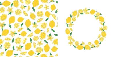 Lemons pattern with simple abstract fruits. Wreath, frame, template. Summer seamless background. Citruses, food. Flat style, print for textile, fabric, paper, wallpaper, packaging. Place for text vector