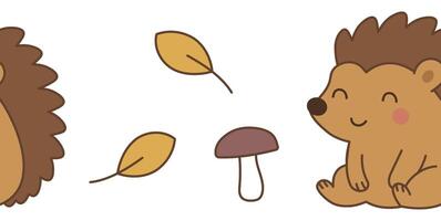 Playful hedgehogs surrounded by colorful autumn elements. vector