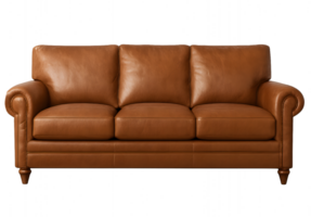 Comfortable brown leather sofa with classic rolled arms and cushioned seats png