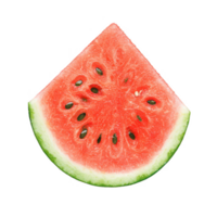 A fresh, juicy slice of watermelon featuring vibrant red flesh and black seeds, surrounded by a lush green rind, perfect for summer refreshment and healthy snacking. png
