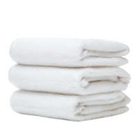 A neatly stacked arrangement of three fluffy white towels, perfect for a spa or bathroom setting, showcasing a clean and fresh aesthetic. png