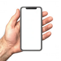 A hand holding a modern smartphone with a blank white screen, isolated on a transparent background. Ideal for showcasing mobile applications or digital content. png