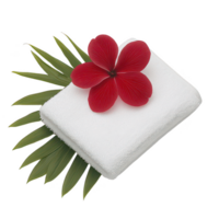 A pristine white towel adorned with a vibrant red flower and green leaves, ideal for spa or relaxation themes, set against a clean background. png