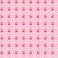 Seamless pattern with red cherry, green leaves and white flower on pink background.Surface for textile or texture.Decoration ornament.Wrapping paper.Summer or spring. vector