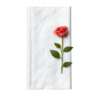 Elegant table setting featuring a pink rose on a white napkin, ideal for adding a touch of romance to special occasions or events. png