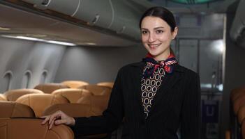 A friendly flight attendant stand confidently inside an airplane cabin photo