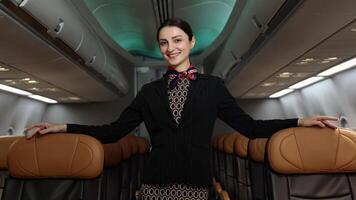 friendly flight attendant stand confidently inside an airplane cabin. photo