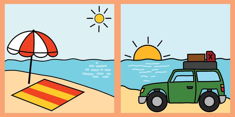 summer beach sunny sunshine umbrella car picnic road trip seaside adventure sea shore scenery illustration