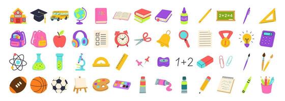 A collection of school supplies and objects, including a book, a clock, a pencil vector